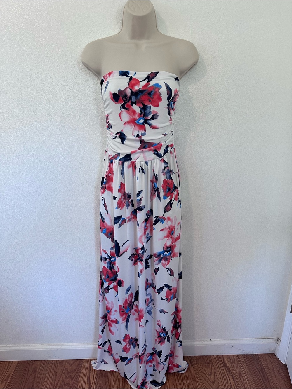 Vanilla Bay White Strapless Floral Maxi Dress with Pink & Blue Accents